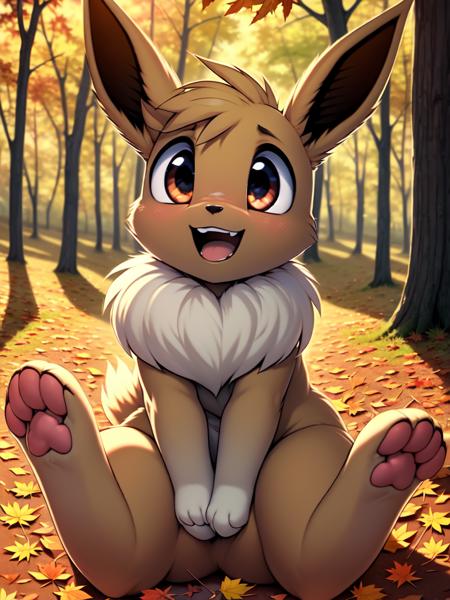 26935-3016242806-Eevee, Eevee tail, Eevee ears, pawpads, smile, open mouth, sitting, looking at viewer, autumn, forest, trees,.png